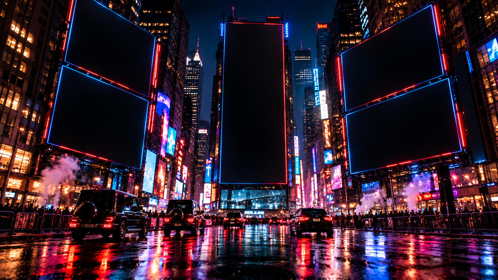 A cinematic nighttime city with neon billboards and reflections across a rain-soaked street